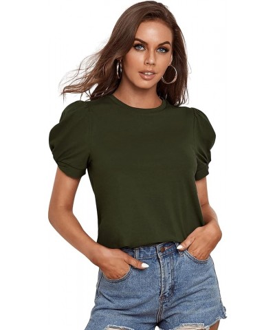 Women's Summer Short Puff Sleeve Tee Top Round Neck T-Shirt Army Green $12.00 T-Shirts