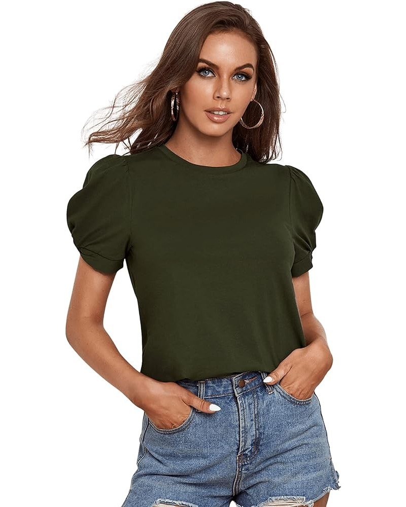 Women's Summer Short Puff Sleeve Tee Top Round Neck T-Shirt Army Green $12.00 T-Shirts