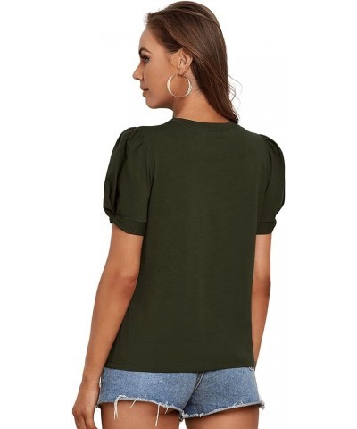 Women's Summer Short Puff Sleeve Tee Top Round Neck T-Shirt Army Green $12.00 T-Shirts