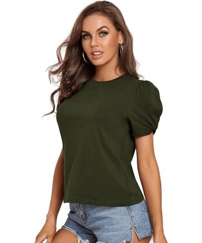 Women's Summer Short Puff Sleeve Tee Top Round Neck T-Shirt Army Green $12.00 T-Shirts