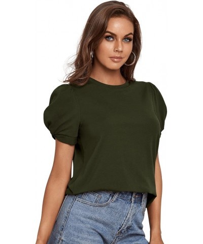 Women's Summer Short Puff Sleeve Tee Top Round Neck T-Shirt Army Green $12.00 T-Shirts