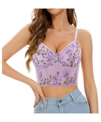 Women's Mesh Floral Embroidery Spaghetti Strap Cami Crop Tops Lace Trim Bralette Cami Bustier Top Nightclub Purple Butterfly ...