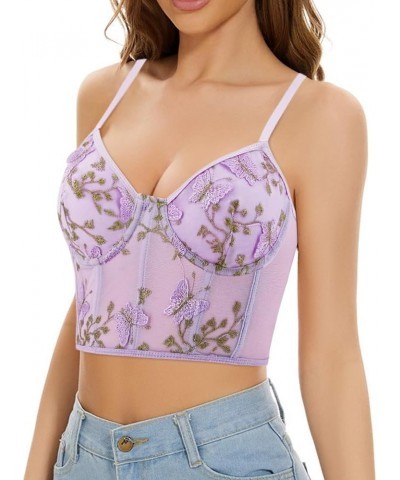 Women's Mesh Floral Embroidery Spaghetti Strap Cami Crop Tops Lace Trim Bralette Cami Bustier Top Nightclub Purple Butterfly ...