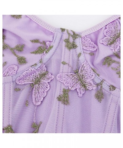 Women's Mesh Floral Embroidery Spaghetti Strap Cami Crop Tops Lace Trim Bralette Cami Bustier Top Nightclub Purple Butterfly ...