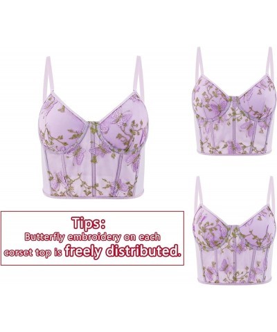 Women's Mesh Floral Embroidery Spaghetti Strap Cami Crop Tops Lace Trim Bralette Cami Bustier Top Nightclub Purple Butterfly ...