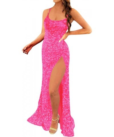 Spaghetti Straps Prom Dress with Slit Womens Dresses Long Evening Party Formal Gowns Sequin Prom Dresses Fuchsia $27.53 Dresses