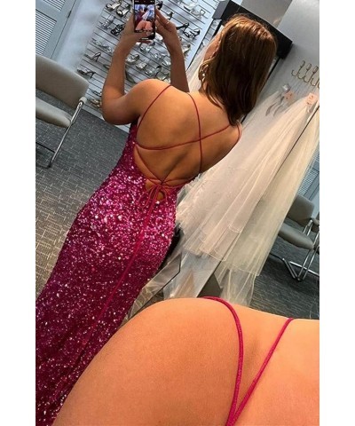 Spaghetti Straps Prom Dress with Slit Womens Dresses Long Evening Party Formal Gowns Sequin Prom Dresses Fuchsia $27.53 Dresses