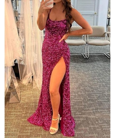 Spaghetti Straps Prom Dress with Slit Womens Dresses Long Evening Party Formal Gowns Sequin Prom Dresses Fuchsia $27.53 Dresses