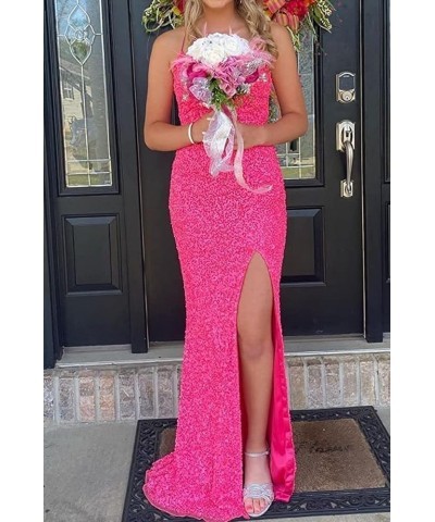 Spaghetti Straps Prom Dress with Slit Womens Dresses Long Evening Party Formal Gowns Sequin Prom Dresses Fuchsia $27.53 Dresses