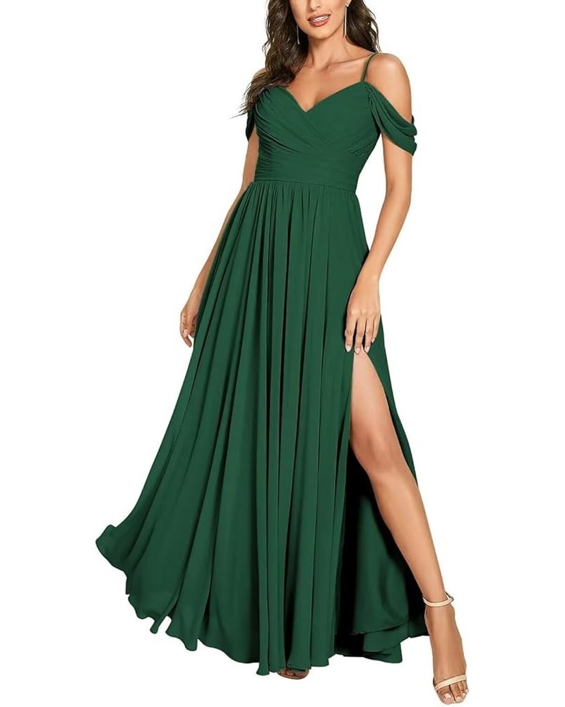 Off Shoulder Chiffon Bridesmaid Dresses Spaghetti Strap V Neck Pleated Formal Evening Dress with Slit Grass Green $31.20 Dresses