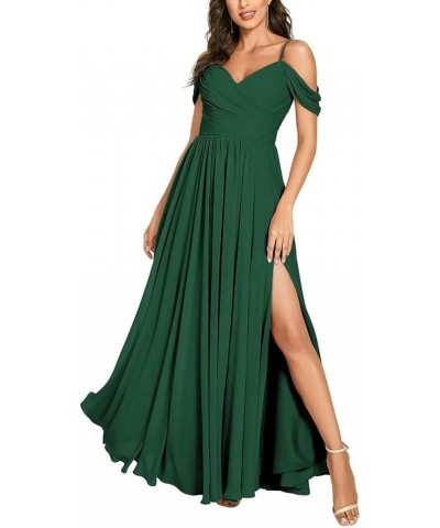 Off Shoulder Chiffon Bridesmaid Dresses Spaghetti Strap V Neck Pleated Formal Evening Dress with Slit Grass Green $31.20 Dresses