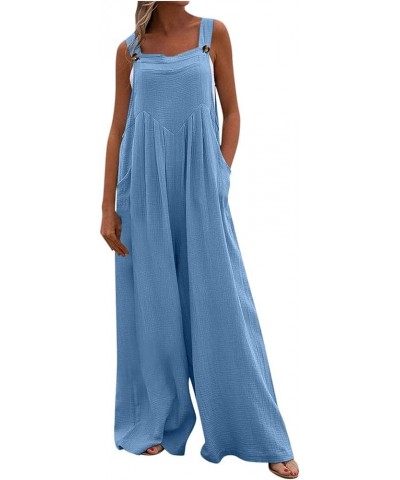 Women's Bib Rompers Summer Fall Casual Loose Sleeveless Button Jumpsuits High Waisted Baggy Wide Leg Pockets Jumpsuits A-blue...