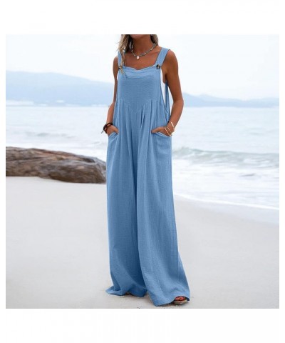 Women's Bib Rompers Summer Fall Casual Loose Sleeveless Button Jumpsuits High Waisted Baggy Wide Leg Pockets Jumpsuits A-blue...