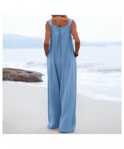 Women's Bib Rompers Summer Fall Casual Loose Sleeveless Button Jumpsuits High Waisted Baggy Wide Leg Pockets Jumpsuits A-blue...