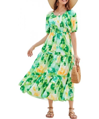 Women Floral Aline Dress 2024 Casual Crew Neck Puff Sleeve Smocked Maxi Dress Green Flower $18.90 Dresses