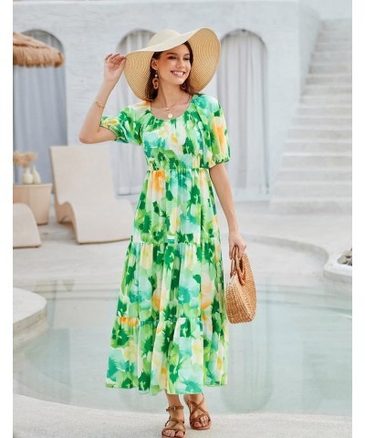 Women Floral Aline Dress 2024 Casual Crew Neck Puff Sleeve Smocked Maxi Dress Green Flower $18.90 Dresses