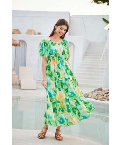 Women Floral Aline Dress 2024 Casual Crew Neck Puff Sleeve Smocked Maxi Dress Green Flower $18.90 Dresses