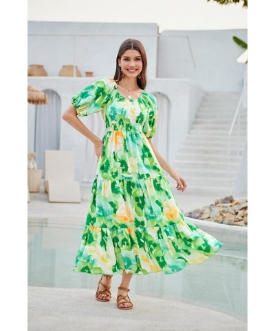 Women Floral Aline Dress 2024 Casual Crew Neck Puff Sleeve Smocked Maxi Dress Green Flower $18.90 Dresses