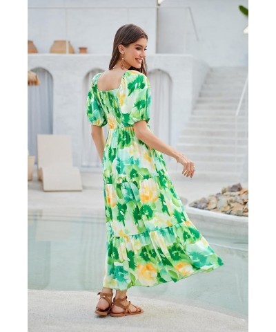 Women Floral Aline Dress 2024 Casual Crew Neck Puff Sleeve Smocked Maxi Dress Green Flower $18.90 Dresses