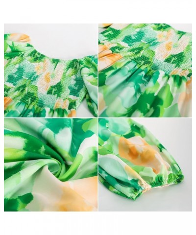 Women Floral Aline Dress 2024 Casual Crew Neck Puff Sleeve Smocked Maxi Dress Green Flower $18.90 Dresses