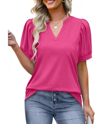 Women's Pleated Puff Sleeve Tops Summer V Neck Tunic Shirts Loose Curved Hem Blouses Dressy Casual S-3XL 0041-hot Pink $15.95...