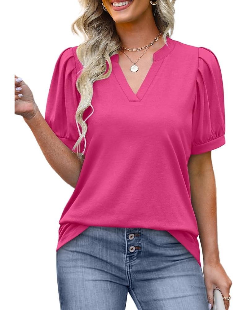 Women's Pleated Puff Sleeve Tops Summer V Neck Tunic Shirts Loose Curved Hem Blouses Dressy Casual S-3XL 0041-hot Pink $15.95...