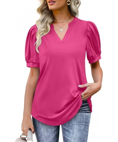 Women's Pleated Puff Sleeve Tops Summer V Neck Tunic Shirts Loose Curved Hem Blouses Dressy Casual S-3XL 0041-hot Pink $15.95...