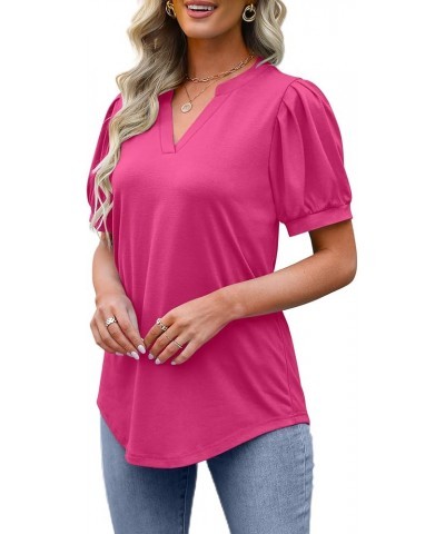 Women's Pleated Puff Sleeve Tops Summer V Neck Tunic Shirts Loose Curved Hem Blouses Dressy Casual S-3XL 0041-hot Pink $15.95...