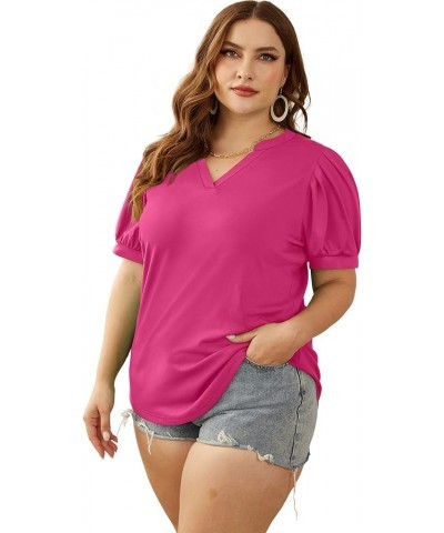 Women's Pleated Puff Sleeve Tops Summer V Neck Tunic Shirts Loose Curved Hem Blouses Dressy Casual S-3XL 0041-hot Pink $15.95...