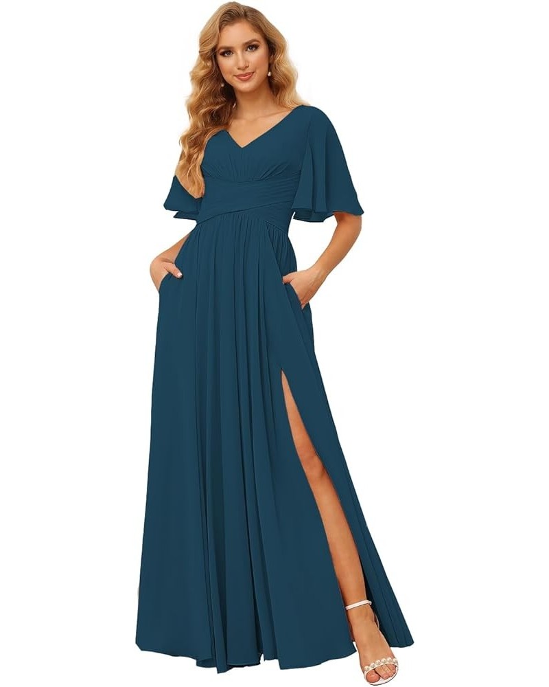 Women's Flutter Sleeves Bridesmaid Dresses Long V Neck Pleated Chiffon Formal Evening Gown with Slit TN004 Teal $24.30 Dresses