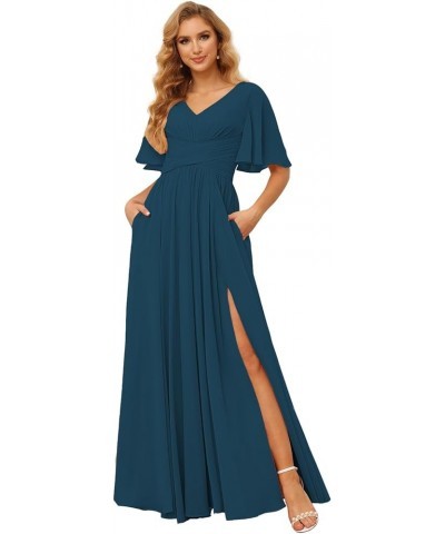 Women's Flutter Sleeves Bridesmaid Dresses Long V Neck Pleated Chiffon Formal Evening Gown with Slit TN004 Teal $24.30 Dresses