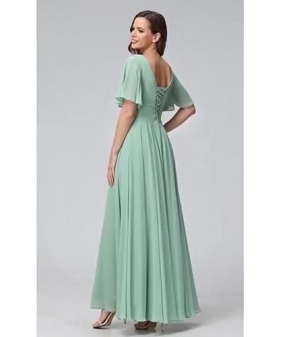 Women's Flutter Sleeves Bridesmaid Dresses Long V Neck Pleated Chiffon Formal Evening Gown with Slit TN004 Teal $24.30 Dresses