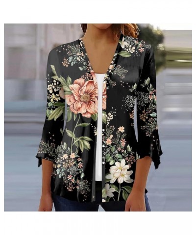 Women's Blouses 3/4 Sleeve Bohemia Flower Oversized Button Up Shirts for Women Flutter Sleeve Summer Cardigan Women Black_05 ...