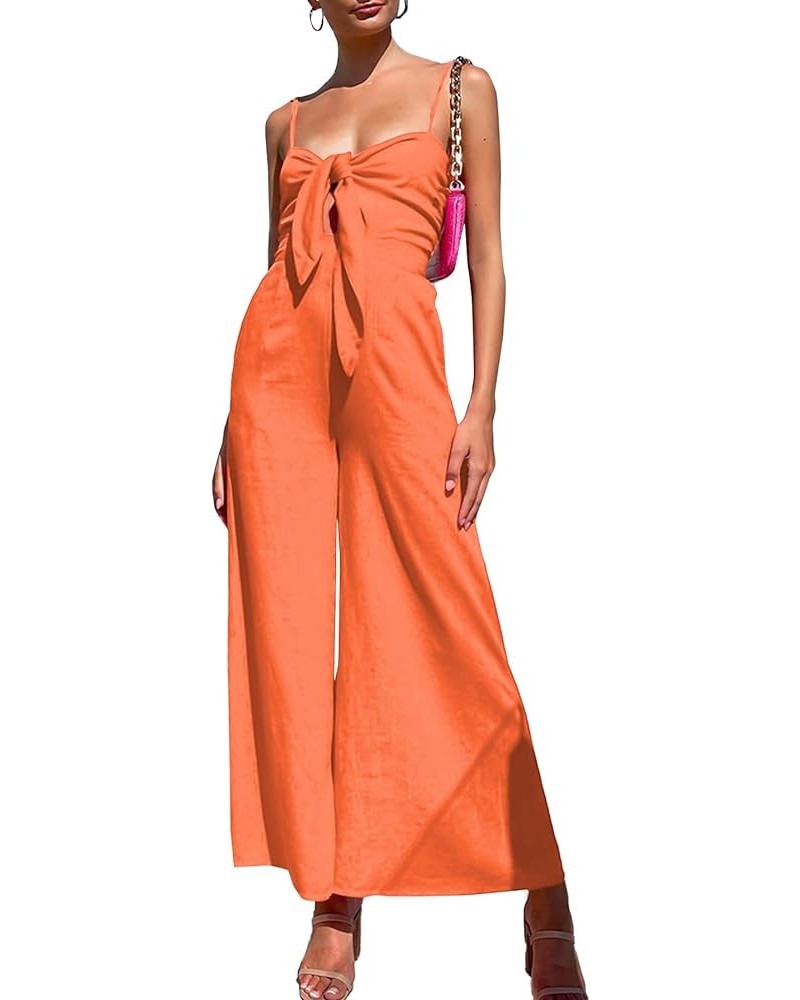 Women's Deep V Neck Tie Bow Spaghetti Straps Cutout High Waist Sleeveless Wide Leg Jumpsuits Rompers with Pockets Orange $20....