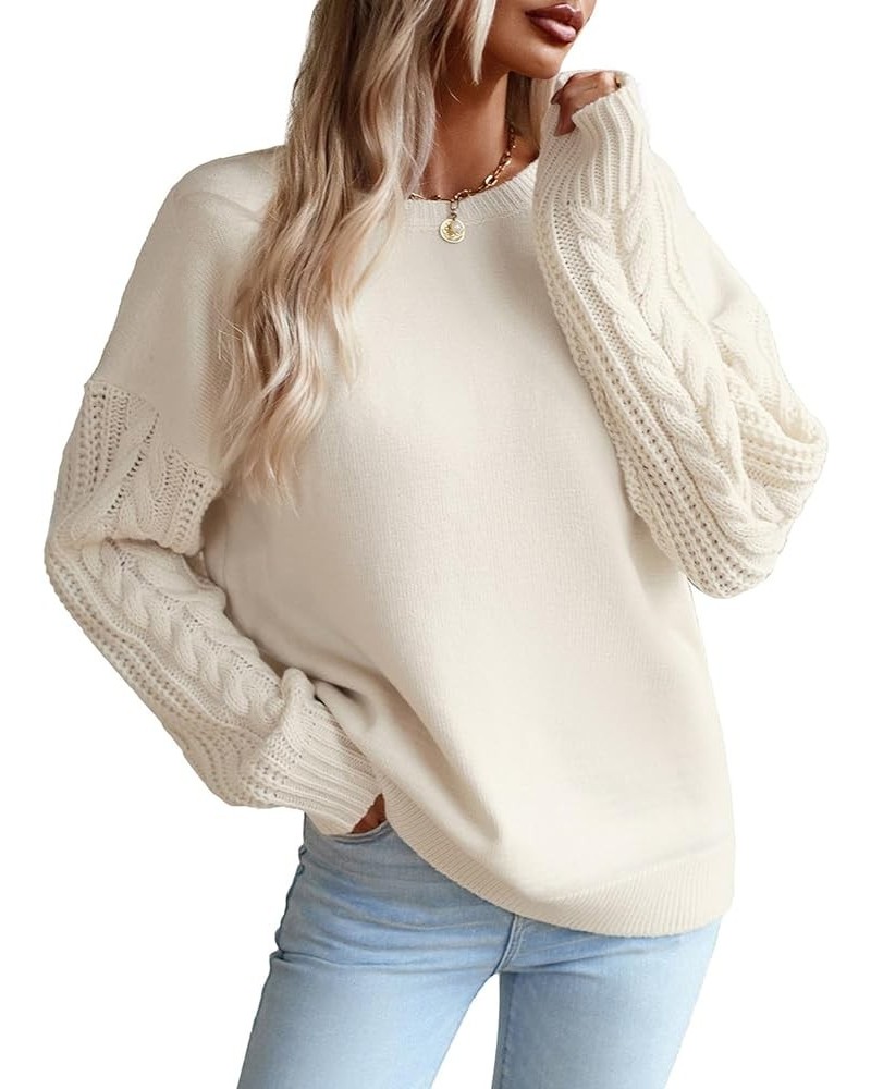 Women's Long Sleeve Pullover Sweater 2024 Fall Casual Crewneck Solid Color Cable Knit Soft Jumper Tops Beige $10.19 Sweaters