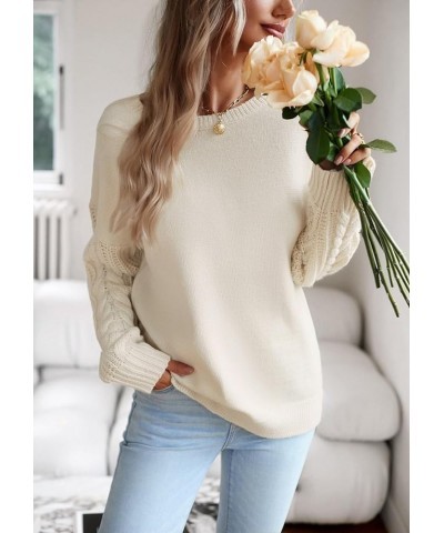 Women's Long Sleeve Pullover Sweater 2024 Fall Casual Crewneck Solid Color Cable Knit Soft Jumper Tops Beige $10.19 Sweaters