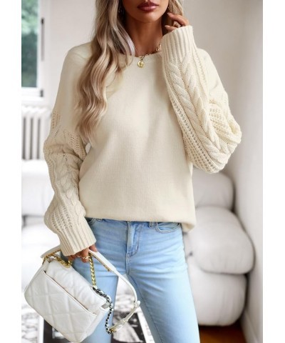 Women's Long Sleeve Pullover Sweater 2024 Fall Casual Crewneck Solid Color Cable Knit Soft Jumper Tops Beige $10.19 Sweaters