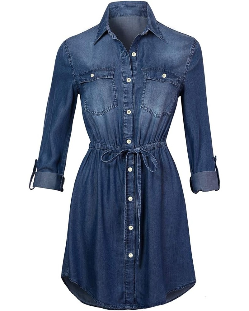 Women Jean Shirt Dress Long Sleeves Waist Ties Casual Short Chambray Denim Blue $29.67 Dresses