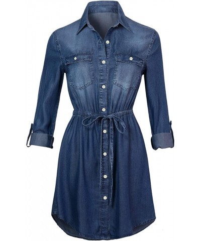 Women Jean Shirt Dress Long Sleeves Waist Ties Casual Short Chambray Denim Blue $29.67 Dresses