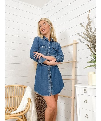 Women Jean Shirt Dress Long Sleeves Waist Ties Casual Short Chambray Denim Blue $29.67 Dresses