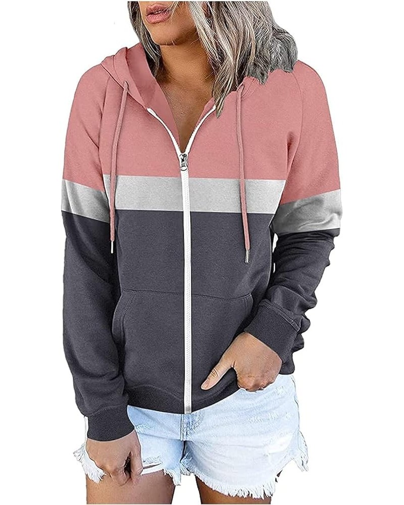 Womens Casual Zip Up Hoodie Jacket Athletic Long Sleeve Drawstring Striped Color Block Hooded Sweatshirt with Pockets Pink $9...