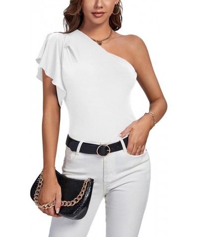 Women's Summer Elegant One Shoulder Ruched Ruffle Short Sleeve Blouse Top White $12.47 Blouses