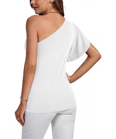 Women's Summer Elegant One Shoulder Ruched Ruffle Short Sleeve Blouse Top White $12.47 Blouses