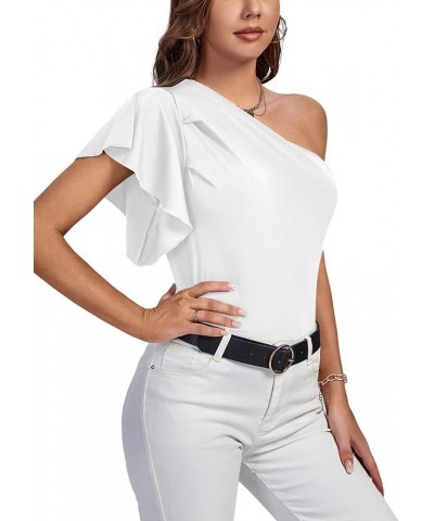 Women's Summer Elegant One Shoulder Ruched Ruffle Short Sleeve Blouse Top White $12.47 Blouses