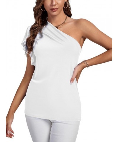 Women's Summer Elegant One Shoulder Ruched Ruffle Short Sleeve Blouse Top White $12.47 Blouses