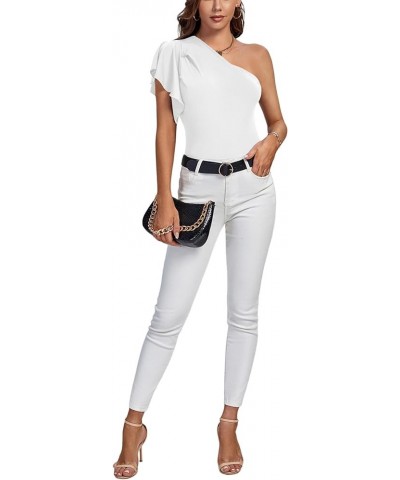 Women's Summer Elegant One Shoulder Ruched Ruffle Short Sleeve Blouse Top White $12.47 Blouses