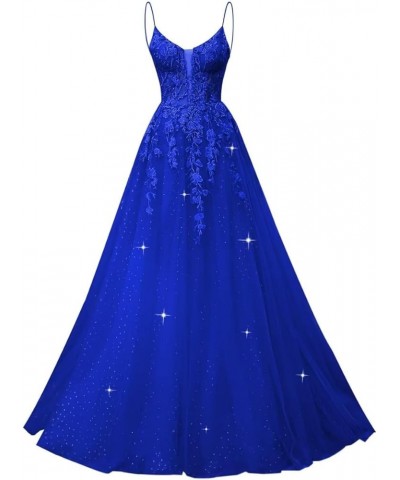 Lace Appliques Tulle Prom Dresses Long Ball Gown 2024 Spaghetti Straps Wedding Formal Evening Gowns with Slit Royal Blue $43....