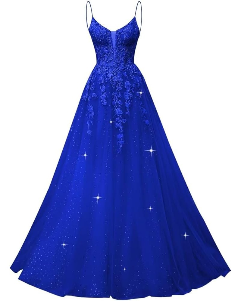 Lace Appliques Tulle Prom Dresses Long Ball Gown 2024 Spaghetti Straps Wedding Formal Evening Gowns with Slit Royal Blue $43....