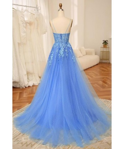 Lace Appliques Tulle Prom Dresses Long Ball Gown 2024 Spaghetti Straps Wedding Formal Evening Gowns with Slit Royal Blue $43....