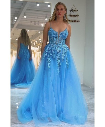 Lace Appliques Tulle Prom Dresses Long Ball Gown 2024 Spaghetti Straps Wedding Formal Evening Gowns with Slit Royal Blue $43....